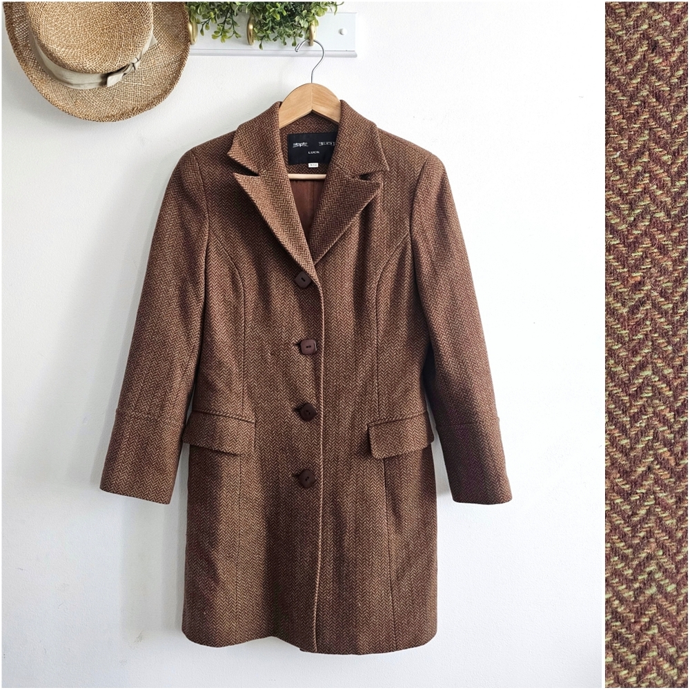 LUCK Vintage Brown Herringbone 100% Wool Tailored Coat Women XS/ S